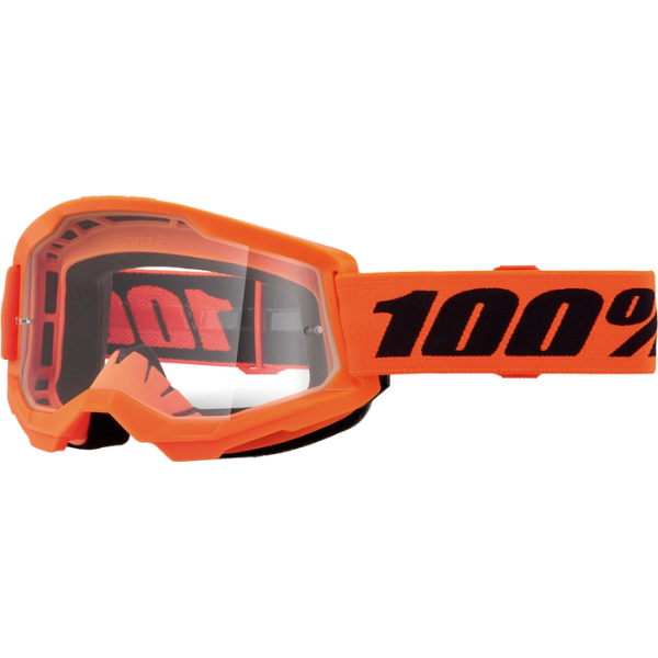 Studio photo showcasing 100%, Strata 2.0 Goggle (Clear Lens), Goggles, SKU 5651201300, color options Black, Navy, War Camo, Pink, White, Red/Red, Neon Orange, Solar Eclipse and more
