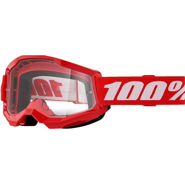 High-resolution studio image of 100%, Strata 2.0 Goggle (Clear Lens), Goggles, SKU 610-5225, color options Black, Navy, War Camo, Pink, White, Red/Red, Neon Orange, Solar Eclipse and more