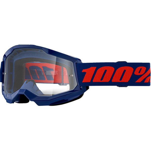High-resolution studio image of 100%, Strata 2.0 Goggle (Clear Lens), Goggles, color options Black, Navy, War Camo, Pink, White, Red/Red, Neon Orange, Solar Eclipse and more
