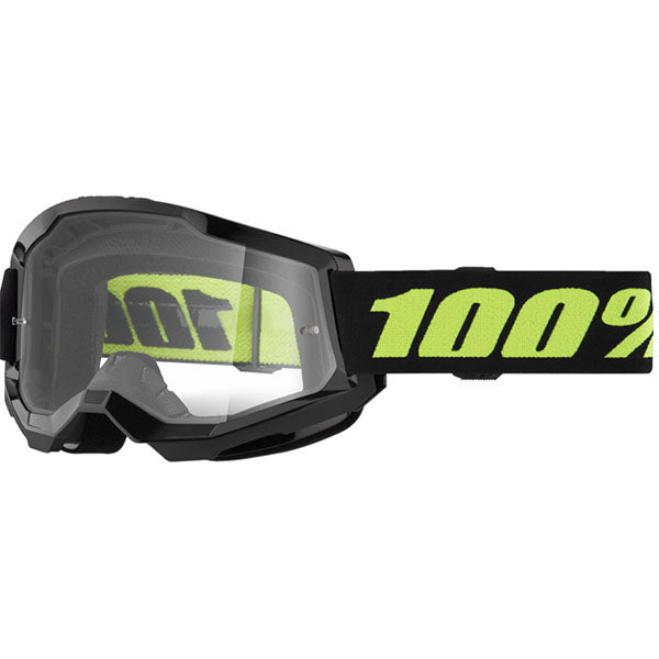 Studio product photo on a neutral background of 100%, Strata 2.0 Goggle (Clear Lens), Goggles, SKU 5651101300, color options Black, Navy, War Camo, Pink, White, Red/Red, Neon Orange, Solar Eclipse and more
