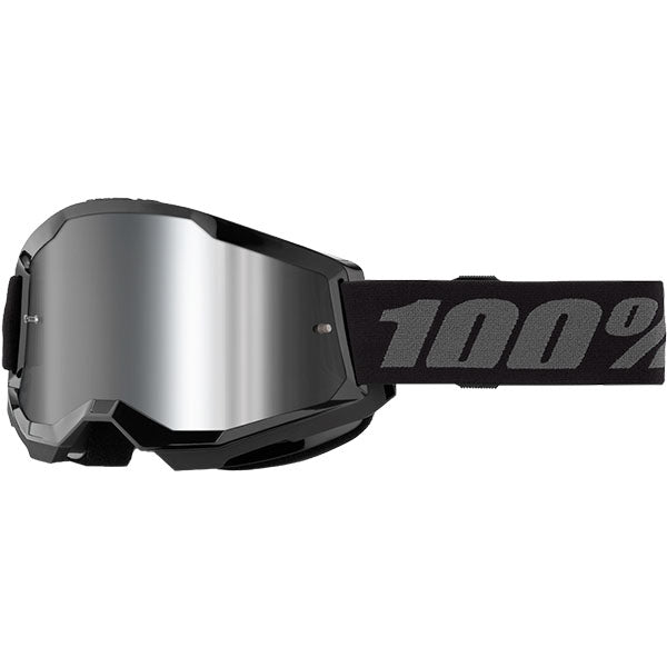 Detailed studio photograph of 100%, Strata 2.0 Goggle (Mirror Lens), Goggles, SKU 5652100500, color options Black, Mirror Silver Lens, Neon Orange, Mirror True Gold Lens, White, Mirror Silver Lens, Solar Eclipse, True Gold Mirror Lens, War Camo, Silver Mirror Lens, Maupiti, Silver Mirror Lens, Stone, Blue Mirror Lens, Blue, Red/Blue Mirror Lens and more