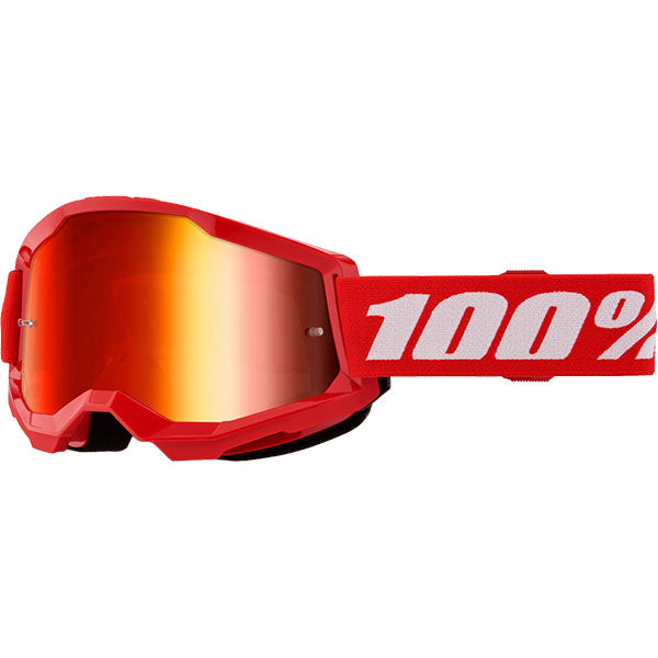 Studio photo showcasing 100%, Strata 2.0 Goggle (Mirror Lens), Goggles, SKU 610-5238, color options Black, Mirror Silver Lens, Neon Orange, Mirror True Gold Lens, White, Mirror Silver Lens, Solar Eclipse, True Gold Mirror Lens, War Camo, Silver Mirror Lens, Maupiti, Silver Mirror Lens, Stone, Blue Mirror Lens, Blue, Red/Blue Mirror Lens and more