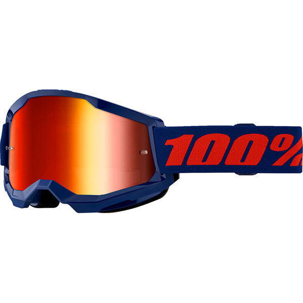Detailed studio photograph of 100%, Strata 2.0 Goggle (Mirror Lens), Goggles, SKU 610-5241, color options Black, Mirror Silver Lens, Neon Orange, Mirror True Gold Lens, White, Mirror Silver Lens, Solar Eclipse, True Gold Mirror Lens, War Camo, Silver Mirror Lens, Maupiti, Silver Mirror Lens, Stone, Blue Mirror Lens, Blue, Red/Blue Mirror Lens and more