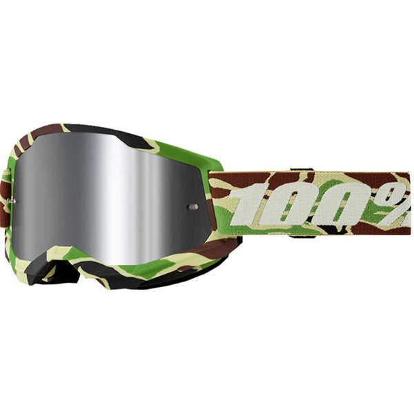 Studio photo of 100%, Strata 2.0 Goggle (Mirror Lens), Goggles, SKU 610-5244, color options Black, Mirror Silver Lens, Neon Orange, Mirror True Gold Lens, White, Mirror Silver Lens, Solar Eclipse, True Gold Mirror Lens, War Camo, Silver Mirror Lens, Maupiti, Silver Mirror Lens, Stone, Blue Mirror Lens, Blue, Red/Blue Mirror Lens and more
