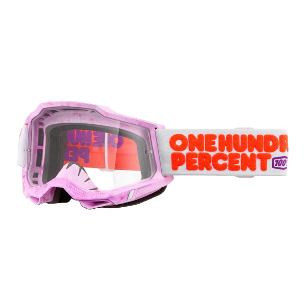 High-resolution studio image of 100%, Accuri 2.0 Goggle (Clear Lens), Goggles, SKU 610-5290, color options 2028, Fairbanks, Samba, Torken, Yumiko, Ferran, Matigofun, Schrute and more