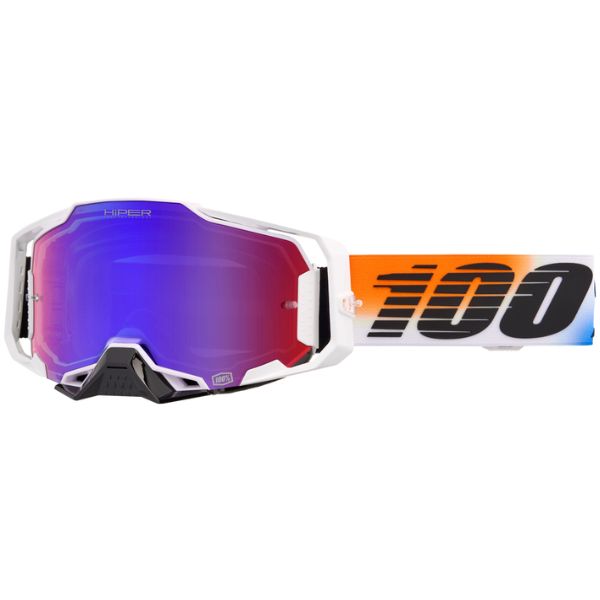 Studio photo showcasing 100%, Armega Goggle w/ HiPER Lens, Goggles, SKU 610-5351, color options Crenshaw, HiPER Mirror Purple Lens, United, HiPER Mirror Red/Blue Lens, Acosta, HiPER Mirror Silver Lens, Glory, HiPER Mirror Red Lens, X-Ray, HiPER Mirror Silver Lens, Kloug, HiPER Mirror Dark Red Lens, Blacktail, HiPER Mirror Silver Lens, Racr, HiPER Mirror Silver Lens and more