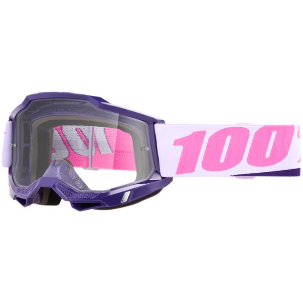 Studio image highlighting 100%, Accuri 2.0 Goggle (Clear Lens), Goggles, SKU 610-5362, color options 2028, Fairbanks, Samba, Torken, Yumiko, Ferran, Matigofun, Schrute and more