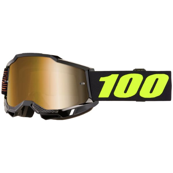Detailed studio photograph of 100%, Accuri 2.0 Goggle (Mirror Lens), Goggles, SKU 610-5364, color options Fairbanks, Mirror True Gold Lens, Samba, Mirror Silver Lens, 2028, Mirror Blue Lens, Yumiko, Mirror Silver Lens, Torken, Mirror Red Lens, Risland, Mirror True Gold Lens, Razza, Mirror Silver Lens, Neon Yellow, Mirror Silver Lens and more
