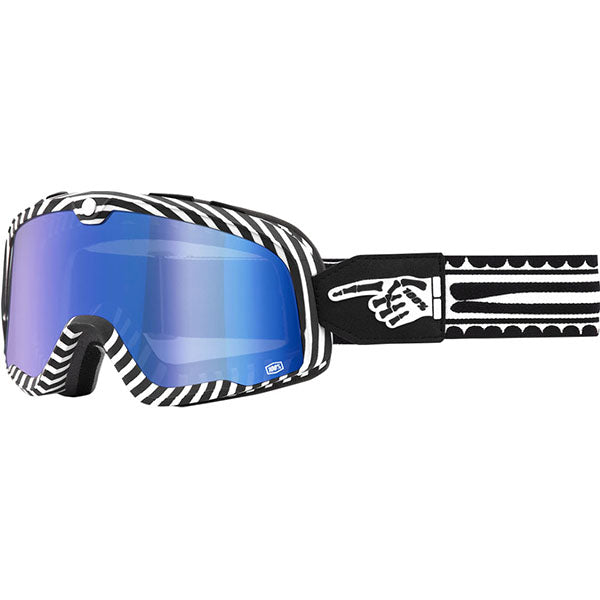 Studio photo of 100%, Barstow Goggle, Goggles, SKU 26013067, color options Race Service, Mirror Silver Lens, The Arsenale, Smoke Lens, Death Spray, Mirror Blue Lens, El Solitario, Smoke Lens, Vahna, Mirror Blue Lens, Erban, Mirror Dark Red Lens, Malibu, Smoke Lens, Jane Motorcycles, Mirror True Gold Lens and more