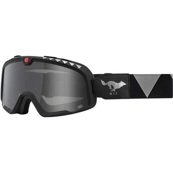 Studio image on a white background of 100%, Barstow Goggle, Goggles, SKU 26013065, color options Race Service, Mirror Silver Lens, The Arsenale, Smoke Lens, Death Spray, Mirror Blue Lens, El Solitario, Smoke Lens, Vahna, Mirror Blue Lens, Erban, Mirror Dark Red Lens, Malibu, Smoke Lens, Jane Motorcycles, Mirror True Gold Lens and more