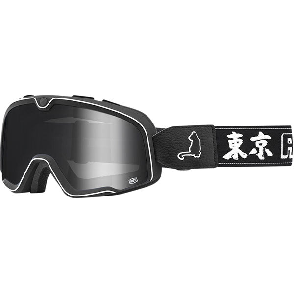 Studio image highlighting 100%, Barstow Goggle, Goggles, SKU 26013069, color options Race Service, Mirror Silver Lens, The Arsenale, Smoke Lens, Death Spray, Mirror Blue Lens, El Solitario, Smoke Lens, Vahna, Mirror Blue Lens, Erban, Mirror Dark Red Lens, Malibu, Smoke Lens, Jane Motorcycles, Mirror True Gold Lens and more