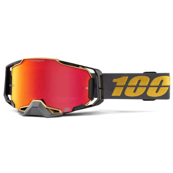 Studio photo showcasing 100%, Armega Goggle w/ HiPER Lens, Goggles, SKU 26012691, color options Crenshaw, HiPER Mirror Purple Lens, United, HiPER Mirror Red/Blue Lens, Acosta, HiPER Mirror Silver Lens, Glory, HiPER Mirror Red Lens, X-Ray, HiPER Mirror Silver Lens, Kloug, HiPER Mirror Dark Red Lens, Blacktail, HiPER Mirror Silver Lens, Racr, HiPER Mirror Silver Lens and more