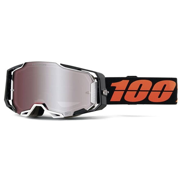 High-resolution studio image of 100%, Armega Goggle w/ HiPER Lens, Goggles, SKU 26013130, color options Crenshaw, HiPER Mirror Purple Lens, United, HiPER Mirror Red/Blue Lens, Acosta, HiPER Mirror Silver Lens, Glory, HiPER Mirror Red Lens, X-Ray, HiPER Mirror Silver Lens, Kloug, HiPER Mirror Dark Red Lens, Blacktail, HiPER Mirror Silver Lens, Racr, HiPER Mirror Silver Lens and more