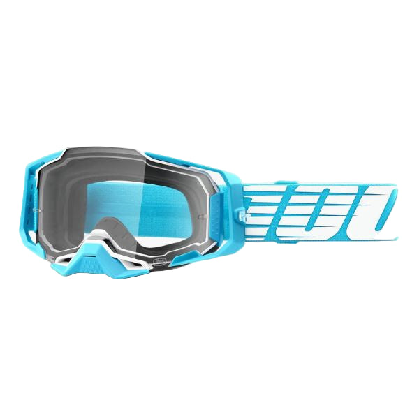 Studio image highlighting 100%, Armega Goggle w/ Clear Lens, Goggles, SKU 26013119, color options Viggo, Furious, Klein, Albar, Esterel, Fargo, Blue, Livingaad and more