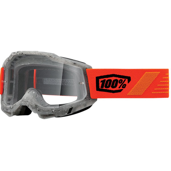 Studio image highlighting 100%, Accuri 2.0 Goggle (Clear Lens), Goggles, SKU 26013220, color options 2028, Fairbanks, Samba, Torken, Yumiko, Ferran, Matigofun, Schrute and more