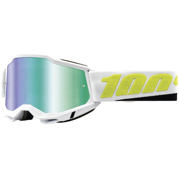 Studio image highlighting 100%, Accuri 2.0 Goggle (Mirror Lens), Goggles, SKU 26013101, color options Fairbanks, Mirror True Gold Lens, Samba, Mirror Silver Lens, 2028, Mirror Blue Lens, Yumiko, Mirror Silver Lens, Torken, Mirror Red Lens, Risland, Mirror True Gold Lens, Razza, Mirror Silver Lens, Neon Yellow, Mirror Silver Lens and more
