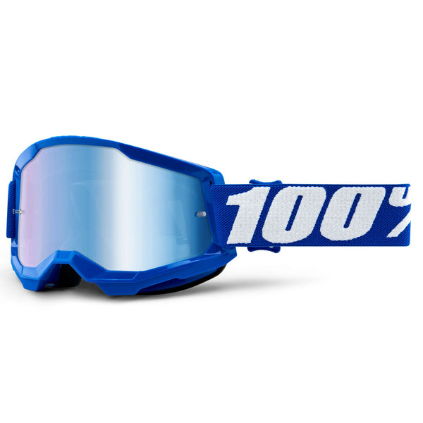 Studio photo showcasing 100%, Strata 2.0 Goggle (Mirror Lens), Goggles, SKU 26012936, color options Black, Mirror Silver Lens, Neon Orange, Mirror True Gold Lens, White, Mirror Silver Lens, Solar Eclipse, True Gold Mirror Lens, War Camo, Silver Mirror Lens, Maupiti, Silver Mirror Lens, Stone, Blue Mirror Lens, Blue, Red/Blue Mirror Lens and more