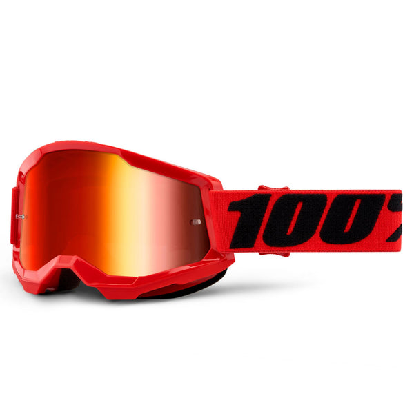 Detailed studio photograph of 100%, Strata 2.0 Goggle (Mirror Lens), Goggles, SKU 26012938, color options Black, Mirror Silver Lens, Neon Orange, Mirror True Gold Lens, White, Mirror Silver Lens, Solar Eclipse, True Gold Mirror Lens, War Camo, Silver Mirror Lens, Maupiti, Silver Mirror Lens, Stone, Blue Mirror Lens, Blue, Red/Blue Mirror Lens and more
