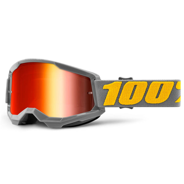 Clean studio photo on a white background of 100%, Strata 2.0 Goggle (Mirror Lens), Goggles, SKU 610-5140, color options Black, Mirror Silver Lens, Neon Orange, Mirror True Gold Lens, White, Mirror Silver Lens, Solar Eclipse, True Gold Mirror Lens, War Camo, Silver Mirror Lens, Maupiti, Silver Mirror Lens, Stone, Blue Mirror Lens, Blue, Red/Blue Mirror Lens and more