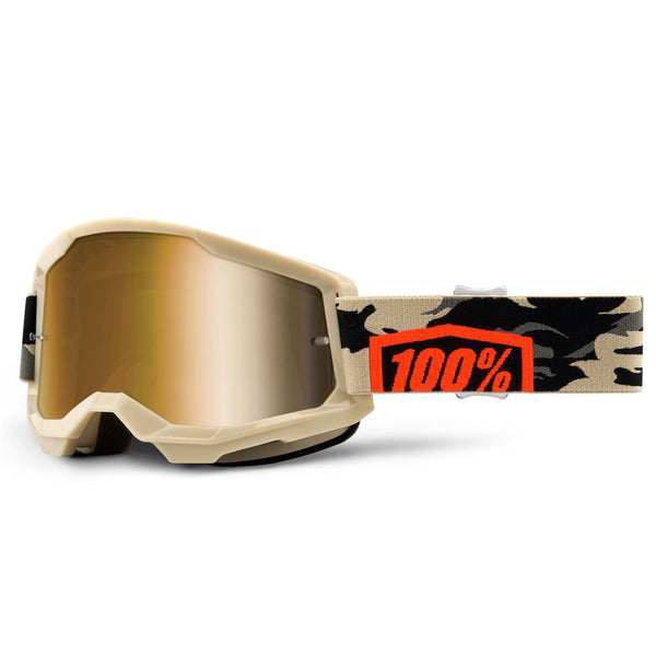 Studio product photo on a neutral background of 100%, Strata 2.0 Goggle (Mirror Lens), Goggles, SKU 26012945, color options Black, Mirror Silver Lens, Neon Orange, Mirror True Gold Lens, White, Mirror Silver Lens, Solar Eclipse, True Gold Mirror Lens, War Camo, Silver Mirror Lens, Maupiti, Silver Mirror Lens, Stone, Blue Mirror Lens, Blue, Red/Blue Mirror Lens and more
