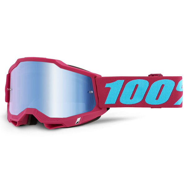 High-resolution studio image of 100%, Accuri 2.0 Goggle (Mirror Lens), Goggles, SKU 26013320, color options Fairbanks, Mirror True Gold Lens, Samba, Mirror Silver Lens, 2028, Mirror Blue Lens, Yumiko, Mirror Silver Lens, Torken, Mirror Red Lens, Risland, Mirror True Gold Lens, Razza, Mirror Silver Lens, Neon Yellow, Mirror Silver Lens and more
