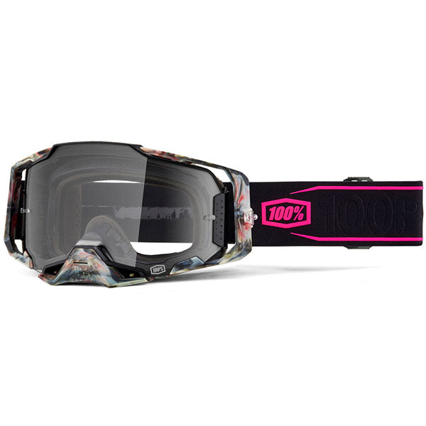 Studio photo showcasing 100%, Armega Goggle w/ Clear Lens, Goggles, SKU 5621204000, color options Viggo, Furious, Klein, Albar, Esterel, Fargo, Blue, Livingaad and more