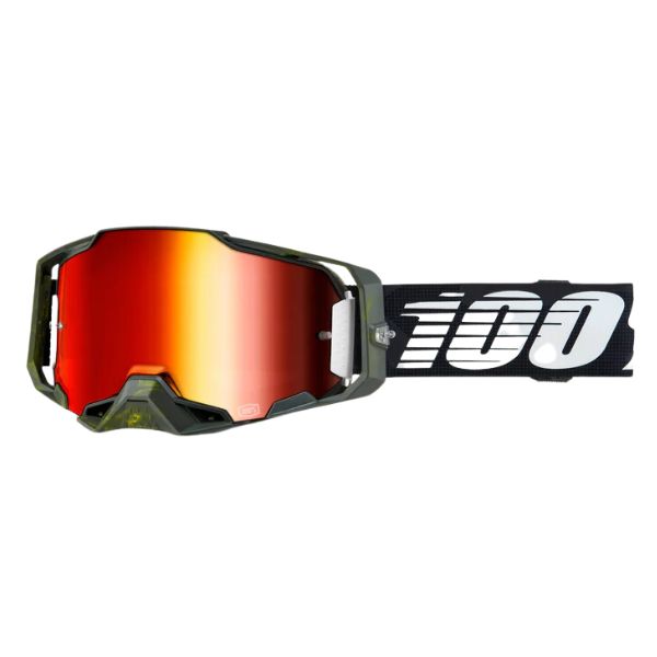 Studio image highlighting 100%, Armega Goggle (Mirror Lens), Goggles, SKU 5622205100, color options Furious, Mirror Silver Lens, Klein, Mirror True Gold Lens, Viggo, Mirror Flash Silver Lens, C-Bad, Mirror Red Lens, Red, Mirror Red Lens, Corbin, Mirror Red/Blue Lens, Oversized Deep Red, Mirror Flash Silver Lens, CW2, Mirror Red Lens and more