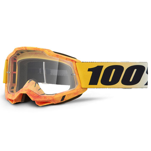 Detailed studio photograph of 100%, Accuri 2.0 Goggle (Clear Lens), Goggles, SKU 5641204600, color options 2028, Fairbanks, Samba, Torken, Yumiko, Ferran, Matigofun, Schrute and more
