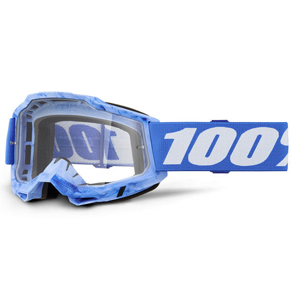 Detailed studio photograph of 100%, Accuri 2.0 Goggle (Clear Lens), Goggles, SKU 5641204700, color options 2028, Fairbanks, Samba, Torken, Yumiko, Ferran, Matigofun, Schrute and more
