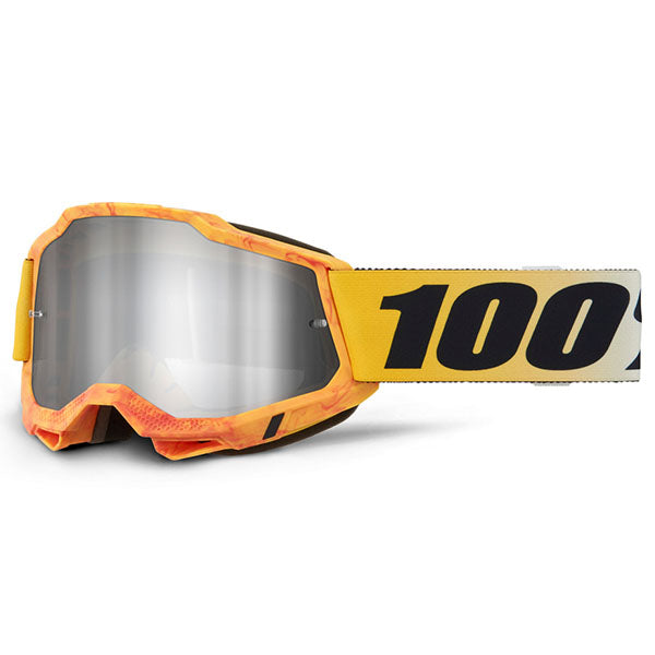 Studio photo showcasing 100%, Accuri 2.0 Goggle (Mirror Lens), Goggles, SKU 5642204600, color options Fairbanks, Mirror True Gold Lens, Samba, Mirror Silver Lens, 2028, Mirror Blue Lens, Yumiko, Mirror Silver Lens, Torken, Mirror Red Lens, Risland, Mirror True Gold Lens, Razza, Mirror Silver Lens, Neon Yellow, Mirror Silver Lens and more