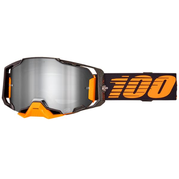 Studio photo showcasing 100%, Armega Goggle w/ HiPER Lens, Goggles, SKU 610-5322, color options Crenshaw, HiPER Mirror Purple Lens, United, HiPER Mirror Red/Blue Lens, Acosta, HiPER Mirror Silver Lens, Glory, HiPER Mirror Red Lens, X-Ray, HiPER Mirror Silver Lens, Kloug, HiPER Mirror Dark Red Lens, Blacktail, HiPER Mirror Silver Lens, Racr, HiPER Mirror Silver Lens and more