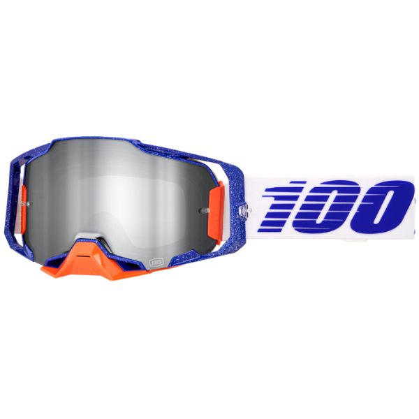 Studio image highlighting 100%, Armega Goggle (Mirror Lens), Goggles, SKU 610-5326, color options Furious, Mirror Silver Lens, Klein, Mirror True Gold Lens, Viggo, Mirror Flash Silver Lens, C-Bad, Mirror Red Lens, Red, Mirror Red Lens, Corbin, Mirror Red/Blue Lens, Oversized Deep Red, Mirror Flash Silver Lens, CW2, Mirror Red Lens and more