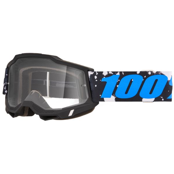 Studio image highlighting 100%, Accuri 2.0 Goggle (Clear Lens), Goggles, SKU 610-5328, color options 2028, Fairbanks, Samba, Torken, Yumiko, Ferran, Matigofun, Schrute and more