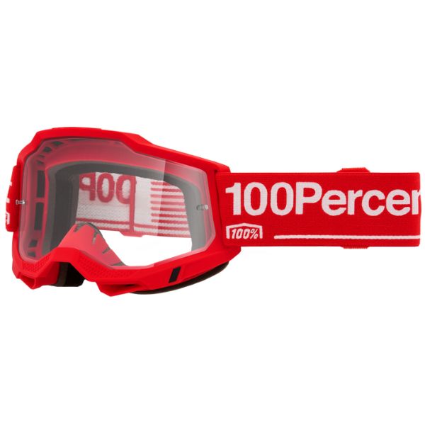 Studio image highlighting 100%, Accuri 2.0 Goggle (Clear Lens), Goggles, SKU 610-5331, color options 2028, Fairbanks, Samba, Torken, Yumiko, Ferran, Matigofun, Schrute and more