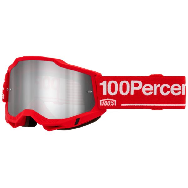 Detailed studio photograph of 100%, Accuri 2.0 Goggle (Mirror Lens), Goggles, SKU 5642209700, color options Fairbanks, Mirror True Gold Lens, Samba, Mirror Silver Lens, 2028, Mirror Blue Lens, Yumiko, Mirror Silver Lens, Torken, Mirror Red Lens, Risland, Mirror True Gold Lens, Razza, Mirror Silver Lens, Neon Yellow, Mirror Silver Lens and more