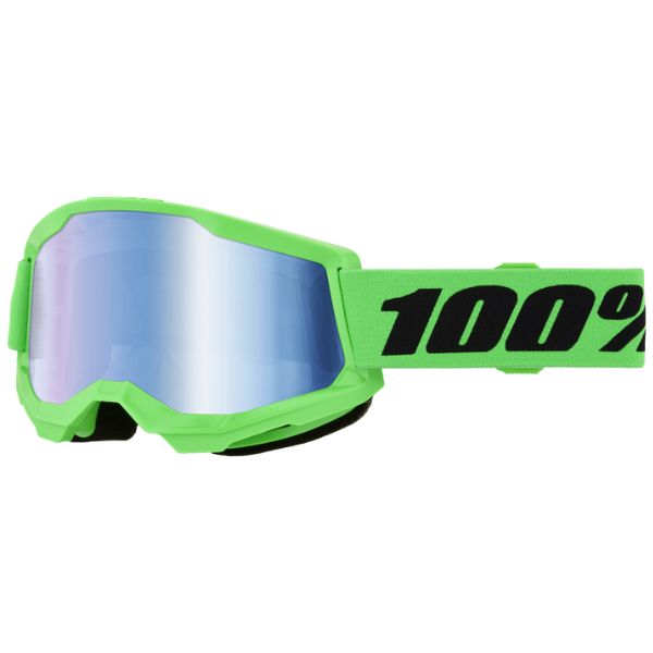 100% Strata 2.0 Goggle (Mirror Lens) in Neon Green with mirror blue lens SKU 610-5405