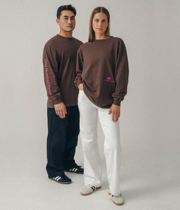Two people wearing brown sweatshirts and pants on a plain background 100% Goggles collection
