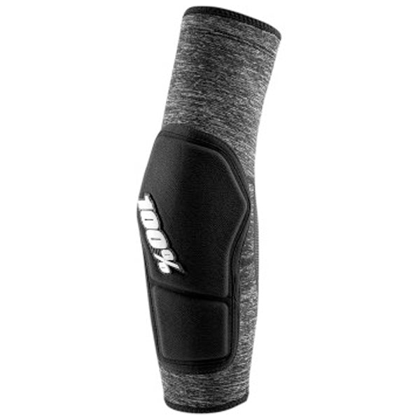 Detailed studio photograph of 100%, Ridecamp Elbow Guards (MTB), SKU 27060281, color options Red/Black, Grey Heather/Black, Black/Grey, sizes S–XL, Designed for Mountain Bike, BMX and E-Bike riders
