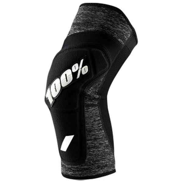 Catalog studio image of 100%, Ridecamp Knee Guards (MTB), Knee & Shin, SKU 27040594, color options Grey Heather/Black, Red/Black, Black/Grey, sizes S–XL, Designed for Mountain Bike, BMX and E-Bike riders