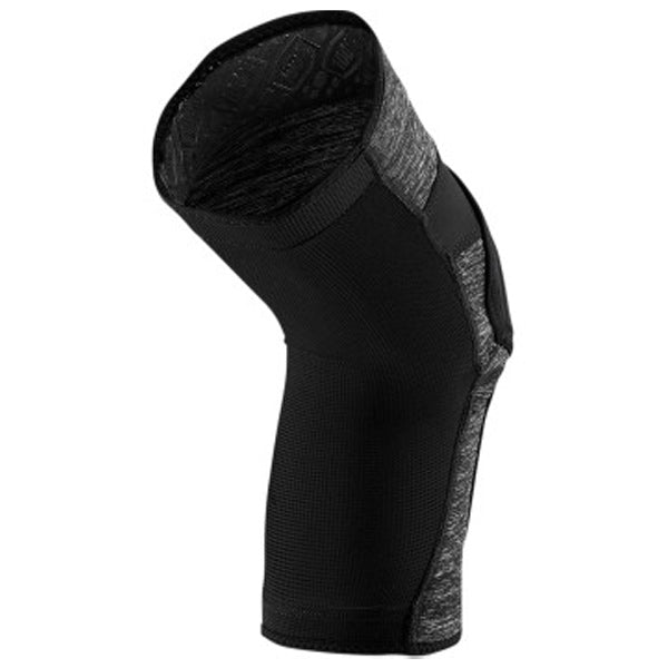 Studio photo showcasing 100%, Ridecamp Knee Guards (MTB), Knee & Shin, SKU 27040593, color options Grey Heather/Black, Red/Black, Black/Grey, sizes S–XL, Designed for Mountain Bike, BMX and E-Bike riders