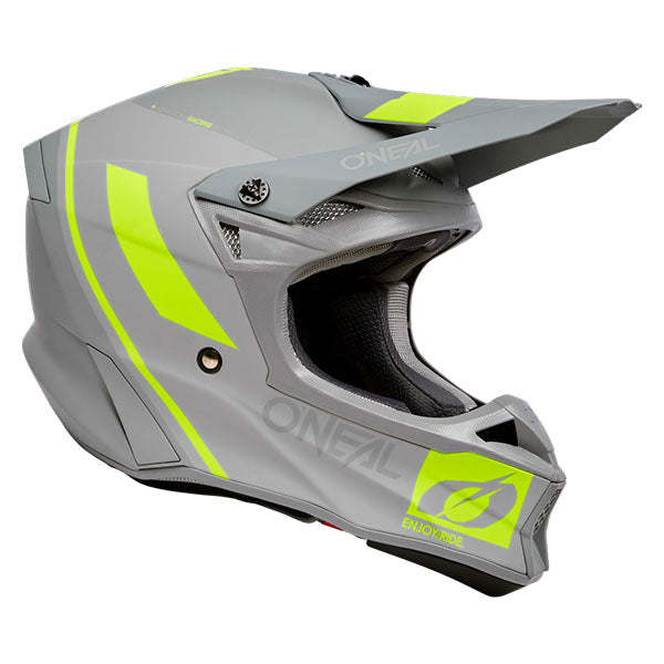 Studio product photo on a neutral background of O'Neal, 10 Series Flow V.23 Helmet, SKU 0630-156, color options Black/White, Blue/White/Red, Grey/Neon Yellow, sizes XS–2X