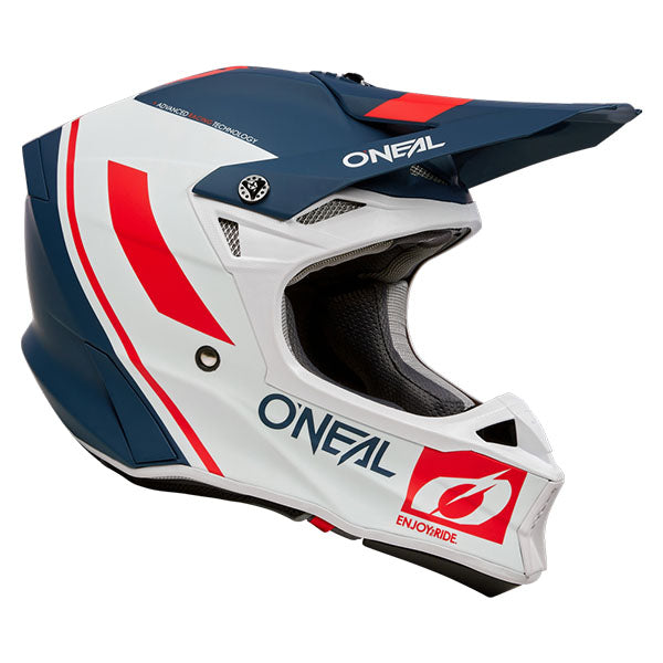 Studio photo showcasing O'Neal, 10 Series Flow V.23 Helmet, SKU 0630-152, color options Black/White, Blue/White/Red, Grey/Neon Yellow, sizes XS–2X