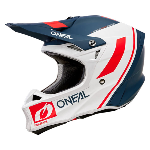 High-resolution studio image of O'Neal, 10 Series Flow V.23 Helmet, SKU 0630-153, color options Black/White, Blue/White/Red, Grey/Neon Yellow, sizes XS–2X