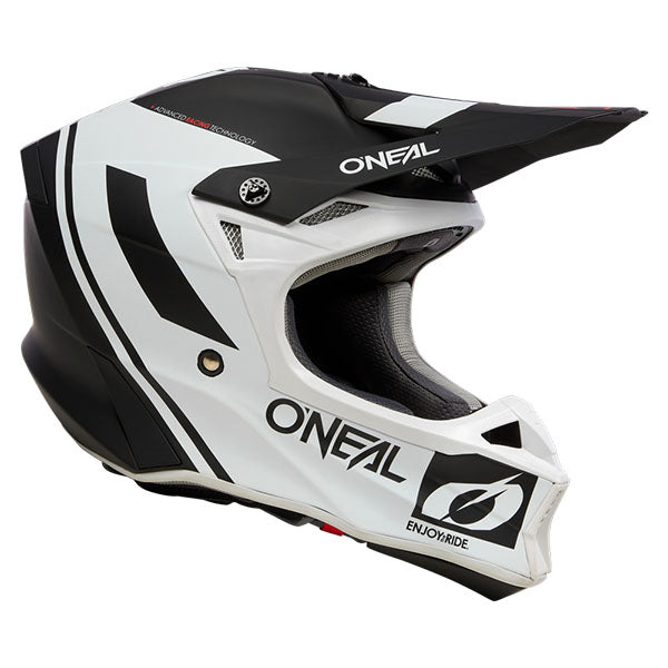 Clean studio photo on a white background of O'Neal, 10 Series Flow V.23 Helmet, SKU 0630-142, color options Black/White, Blue/White/Red, Grey/Neon Yellow, sizes XS–2X