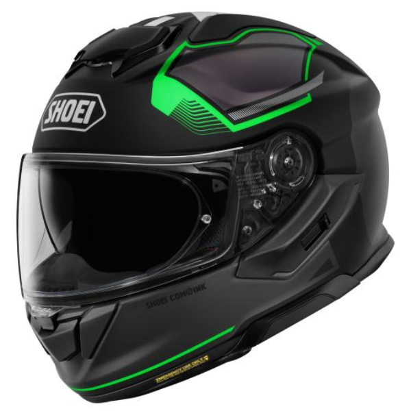 High-resolution studio image of Shoei, GT-Air 3 Mike Helmet, showing helmet shell shape, vent layout, and exterior graphics, Colors: Blue/Red TC-2, Yellow/White TC-3, Black/Green TC-4, White/Black TC-6, SKU 0121170203