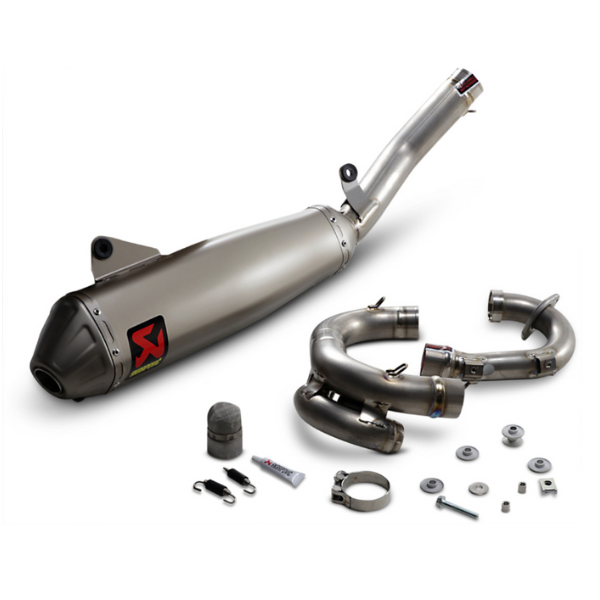 Studio photo on a white background of Akrapovic - Evolution Line Titanium Complete Exhaust Systems; showing overall shape and visible design details