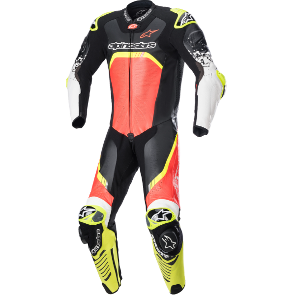 Clean studio shot of Alpinestars, GP Tech V4 Leather Race Suit, highlighting materials, construction, and product design, Colors: Black/Blue/Yellow Fluo, Black/Red/Yellow Fluo, Black/White, SKU 280115