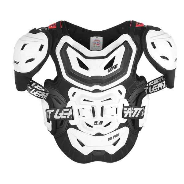 Leatt - 5.5 Pro HD Chest Protector, parent SKU 50141011, highlighting shell shape, ventilation layout, and strap system built for moto and trail riding. Colors: White, Black Sizes: 2XL, Adult.