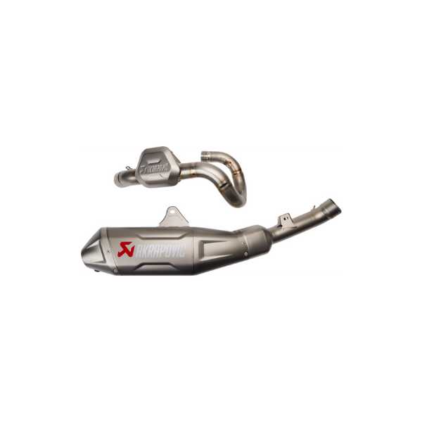 Professional studio photo of Akrapovic - Evolution Line Titanium Complete Exhaust Systems; showing overall shape and visible design details; SKU 18201991