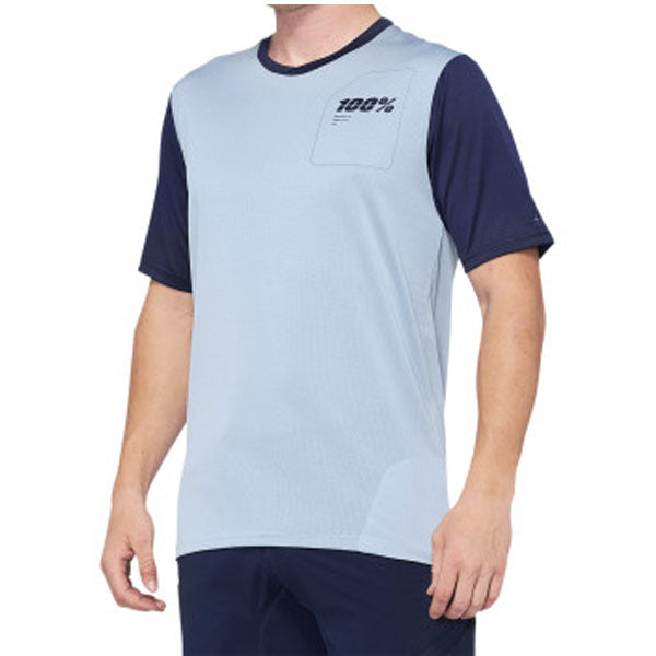 Clean studio photo on a white background of 100%, Ridecamp Jersey (MTB), SKU 51200230, color options Charcoal/Black, Terracotta/Black, Blue/Navy, sizes SM, MD, LG, XL, Designed for Mountain Bike, BMX and E-Bike riders